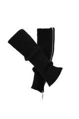 Subject shot of black ribbed leg warmers with a zipper. Leg warmers are isolated on the white background. Front view.