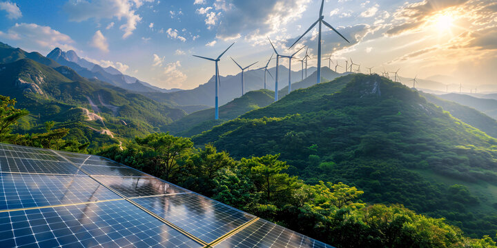 Solar panels and wind turbines against a mountainous landscape, with a blue sky and clouds