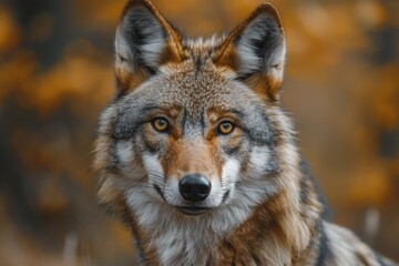Detailed portrait of a majestic grey wolf with a piercing gaze against a blurred autumn backdrop