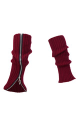 Subject shot of burgundy ribbed leg warmers with a zipper. Leg warmers are isolated on the white background. Front view.