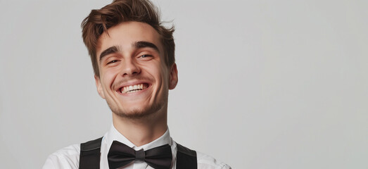 Cheerful handsome man with beaming smile corecting his bow tie.