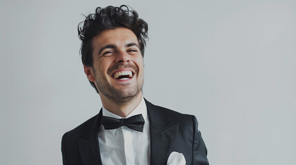 Cheerful handsome man with beaming smile corecting his bow tie.