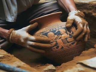 Ein Archäologe hält eine antike Vase nach der Ausgrabung in seinen Händen - obrazy, fototapety, plakaty
