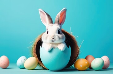 Fototapeta premium Easter banner with cute Easter bunny hatching from pastel color Easter egg on pastel color background. Illustration of Easter rabbit sitting in cracked eggshell. Happy Easter greeting card.Copy space.
