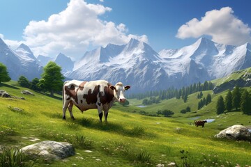 a cow standing on a grassy hill with mountains in the background - obrazy, fototapety, plakaty