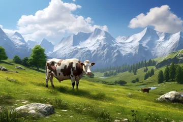 Fotobehang a cow standing on a grassy hill with mountains in the background © Ilie