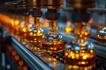 Close-up showcase of glass bottles being filled with liquid on an industrial production line