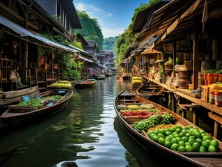 Floating Food Market, Asian Floating Market, Traditional Thailand Culture, Fruits and Vegetables