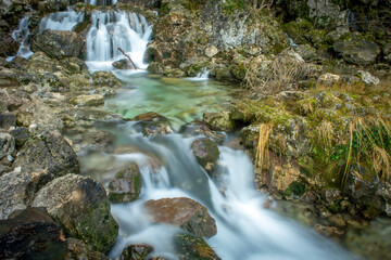 Detail of small waterfalls at the source of the Mundo River in Riopar, Albacete, Castilla la...