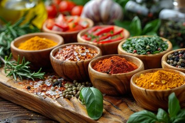 An array of spices vividly displayed in carved wooden bowls, showing a mix of textures and colors - obrazy, fototapety, plakaty