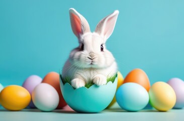 Easter banner with cute Easter bunny hatching from pastel color Easter egg on pastel color background. Illustration of Easter rabbit sitting in cracked eggshell. Happy Easter greeting card.Copy space.