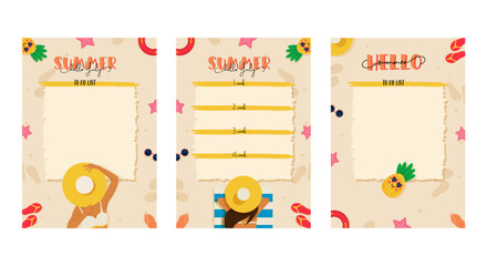 A summer planner whith a beautiful girl on sandy beach, chilling, and refreshing pineapples, travel, vector