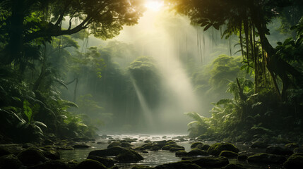 Forest jungle landscape with sun rays - obrazy, fototapety, plakaty