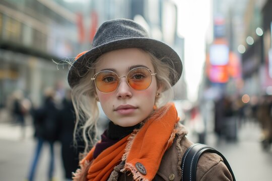 Trendy young woman with platinum blonde hair wearing tinted round glasses and a grey fedora on a vibrant city street.