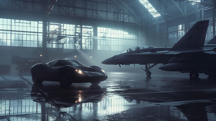 Supercar with military fighter on hangar.