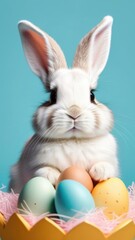 Easter banner with cute Easter bunny hatching from pastel color Easter egg on pastel color background. Illustration of Easter rabbit sitting in cracked eggshell. Happy Easter greeting card.Copy space.