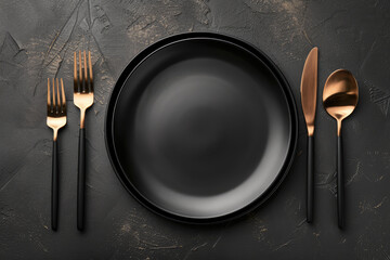Elegant table setting with matte black plate and stylish black and gold cutlery on a dark textured background. - obrazy, fototapety, plakaty