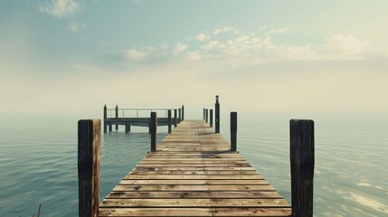 A tranquil fishing pier stretching out into calm waters, promising a catch of memories.