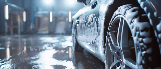 Glossy car tires and side panel reflect light in a wet urban setting at night.