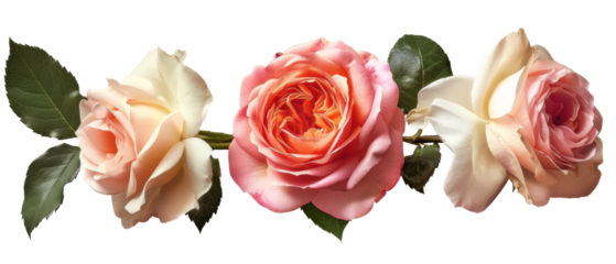 A collection of cream and pink roses that still have stems and leaves, isolated within a transparent background. Fresh roses, a set of roses. Created with Generative AI