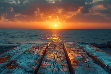 The warmth of a sunset sky beautifully contrasted with the cool tones of a weathered wooden pier - obrazy, fototapety, plakaty