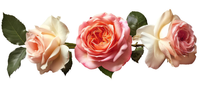 A collection of cream and pink roses that still have stems and leaves, isolated within a transparent background. Fresh roses, a set of roses. Created with Generative AI