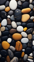 Fototapeta na wymiar a close up of some black and white pebbles, in the style of dark navy and light amber, enchanting realms, light amber and bronze сreated with Generative Ai