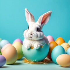 Easter banner with cute Easter bunny hatching from pastel color Easter egg on pastel color background. Illustration of Easter rabbit sitting in cracked eggshell. Happy Easter greeting card.Copy space.