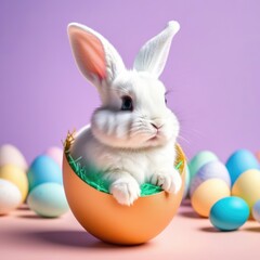 Fototapeta premium Easter banner with cute Easter bunny hatching from pastel color Easter egg on pastel color background. Illustration of Easter rabbit sitting in cracked eggshell. Happy Easter greeting card.Copy space.