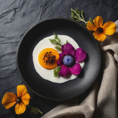 Closeup photo of a nutritious breakfast presented on a dark slate board with vibrant edible flower garnishing the dish.  A linen napkin and minimalist setup complete the setting.