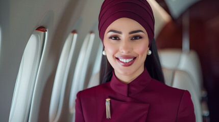 A beautiful stewardess with Arabic facial features on board the plane.