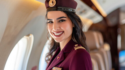 A beautiful stewardess with Arabic facial features on board the plane.