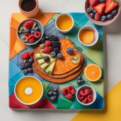 Closeup photo of a nutritious breakfast on a colorful ceramic serving board. 
