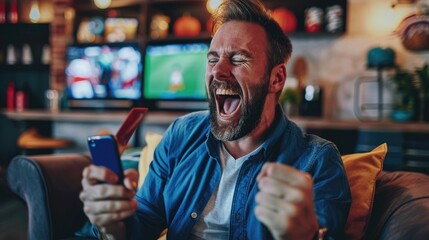 Man wins money betting on football via mobile app - obrazy, fototapety, plakaty