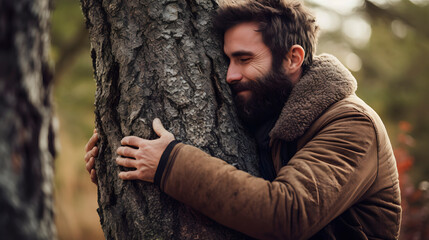 a man hugging a tree, concept of taking care of nature, ecological concept - obrazy, fototapety, plakaty