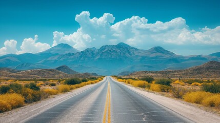 Fototapeta na wymiar Asphalt long road up to the horizon through the desert and clouds to the blue sky on a summer day