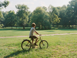 Obraz premium a young boy is riding a bike in a park