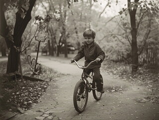 A young boy cycling down a park path on his bicycle - retro stlye sepia toned