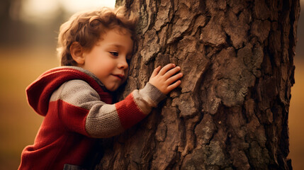 a child hugging a tree, concept of taking care of nature, ecological concept - obrazy, fototapety, plakaty