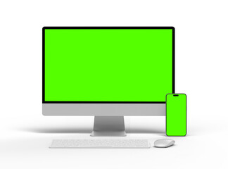 Render of desktop and phone with a green screen on a transparent background.