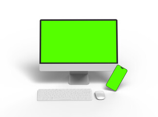 Render of desktop and phone with a green screen on a transparent background.