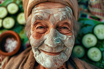 Positive Elderly Bearded Man with Cucumber Facial Mask, Happy Old Man in Spa