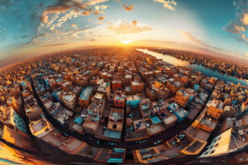 A cityscape transformed into a mesmerizing panorama by a fisheye lens at sunset - obrazy, fototapety, plakaty