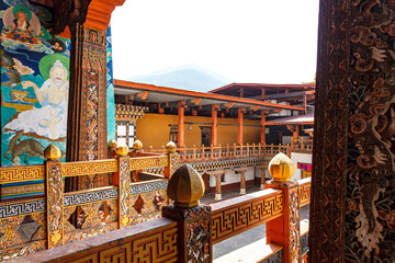 Rich decorated courtyard of the Punakha Dzong monastery in Punakha, Bhutan, Asia