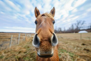 Obraz premium Horse Close up Portrait, Fun Animal Looking into Camera, Panda Nose, Wide Angle Lens
