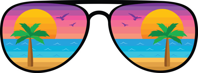 Beach Sunglasses vector illustration. retro sunglasses sunset, beach vibes illustration