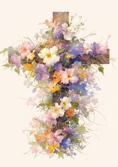 A watercolor illustration of a cross adorned with spring flowers and vines, symbolizing hope and resurrection associated with Easter