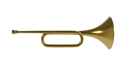Golden fanfare trumpet isolated on transparent and white background. Music concept. 3D render