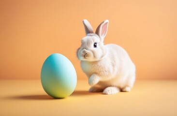 Obraz premium Easter banner with cute Easter bunny hatching from pastel color Easter egg on pastel color background. Illustration of Easter rabbit sitting in cracked eggshell. Happy Easter greeting card.Copy space.