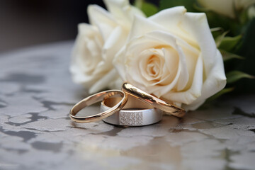 two wedding rings and a bouquet of flowers close-up in light colors photo сreated with Generative Ai